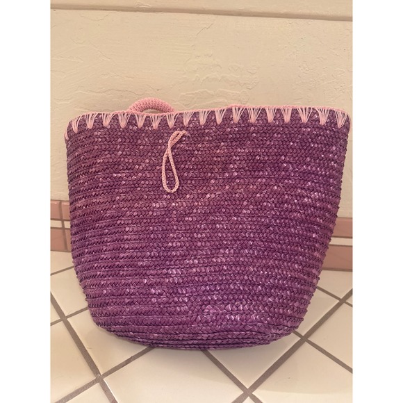 Giorgio Beverly Hills Purple Straw Tote Bag Pink Accents Woven Purse - Picture 2 of 4